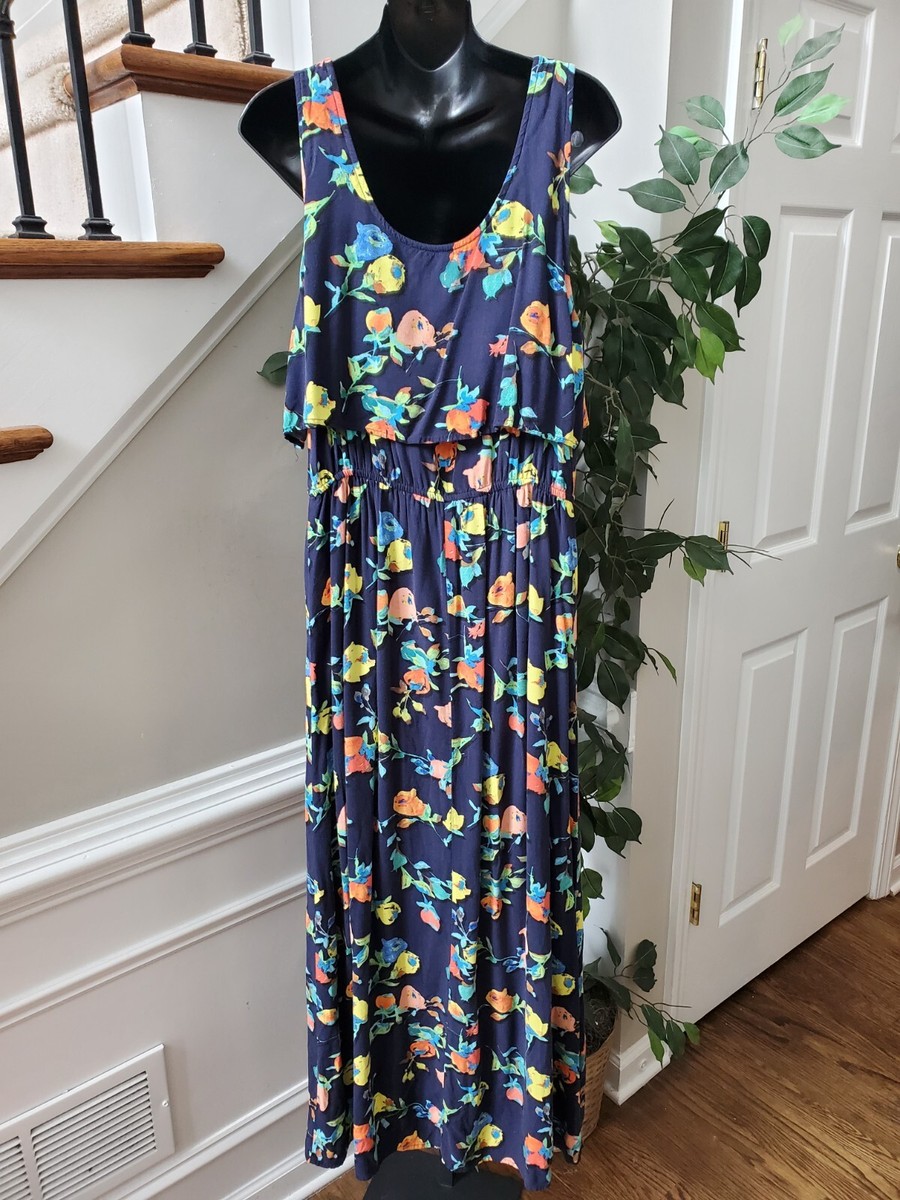 merona cotton dress Merona Women's Blue Floral Rayon Scoop Neck Sleeveless Long Maxi Dress Size  XL