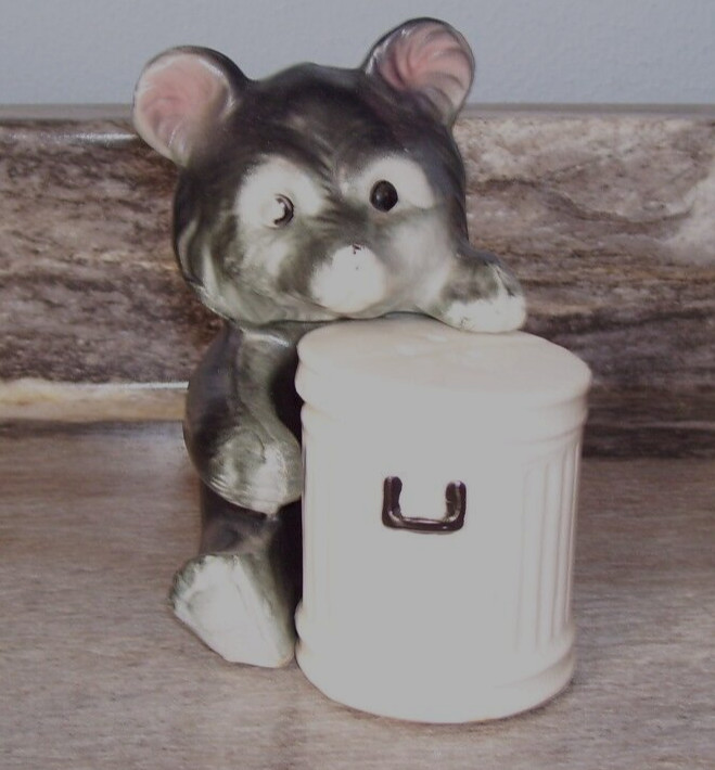 Vintage Bear with Trash Can Salt and Pepper Shakers Japan.. Look!