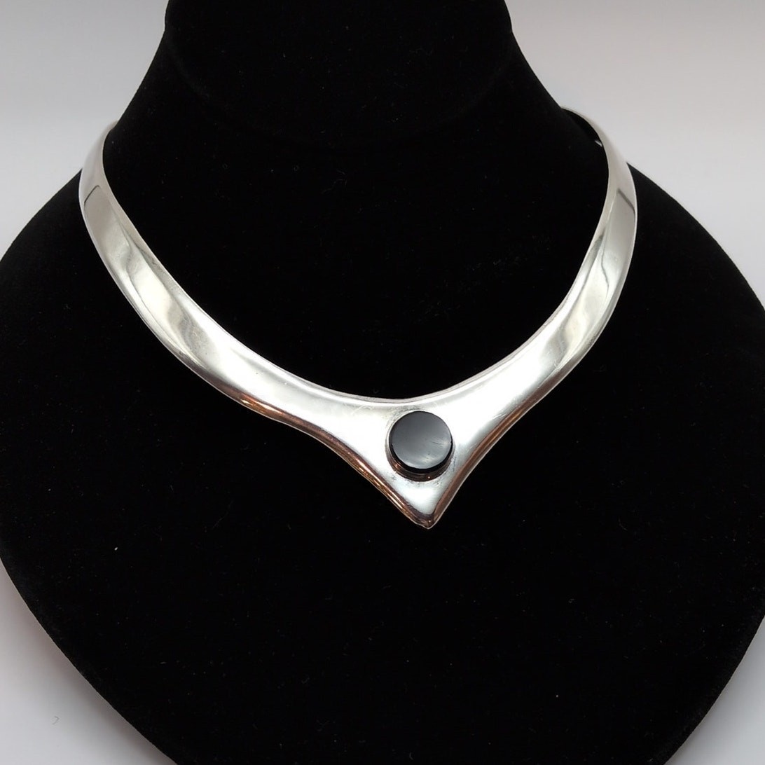 Vintage Taxco Mexico Sterling Silver 925 Onyx Pointed Collar Necklace 54g