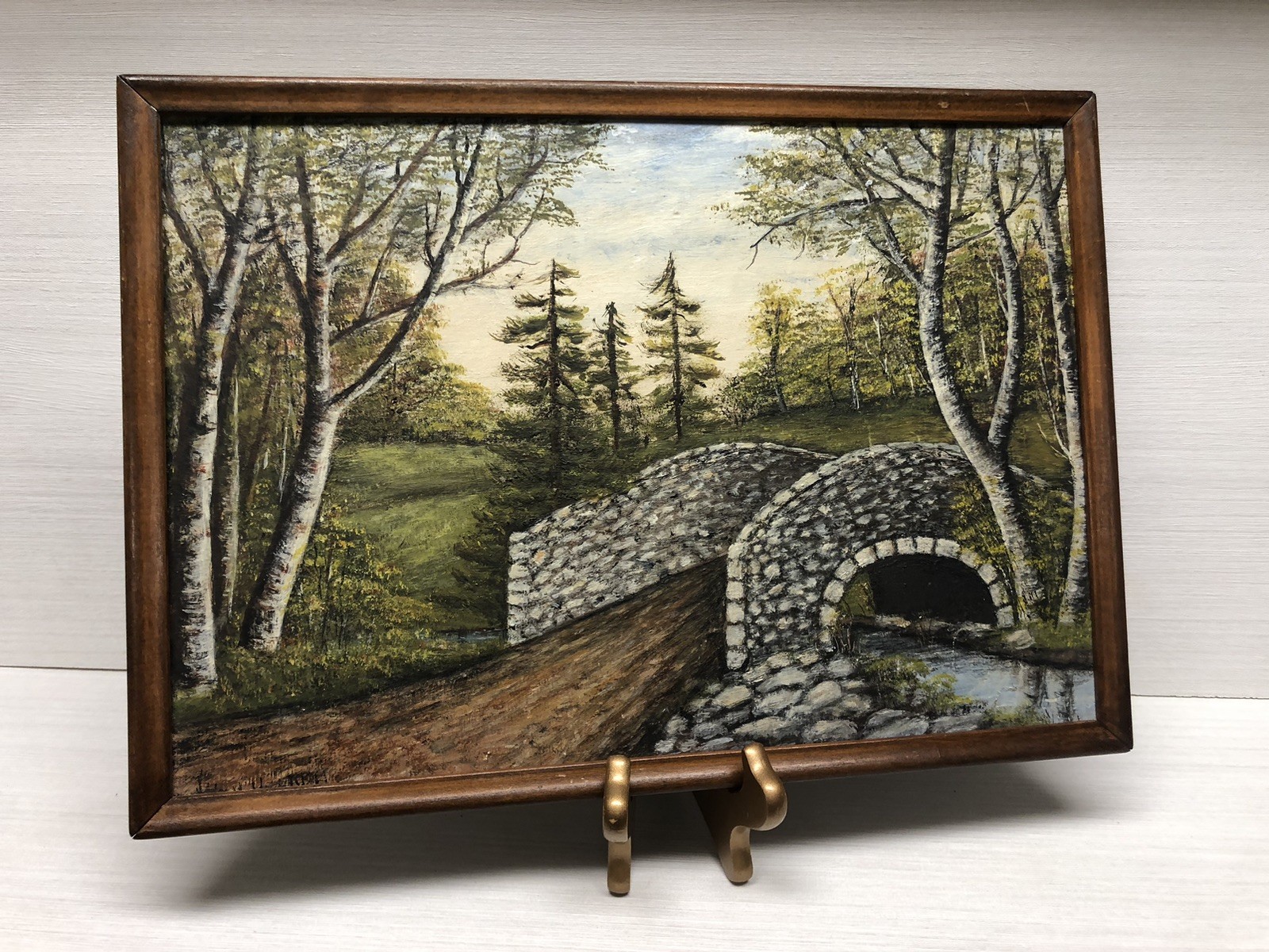 VTG Original Impressionist Oil Painting Framed Stone Bridge River Trees 14.75”