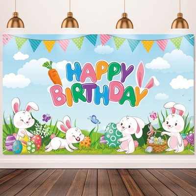 Bunny Birthday Decorations Happy Easter Backdrop Happy Birthday Banner Easter...