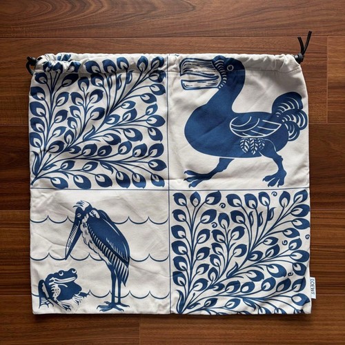 LOEWE Cotton Drawstring Bag Framed Tile Birds Frogs Pouch Large Blue White