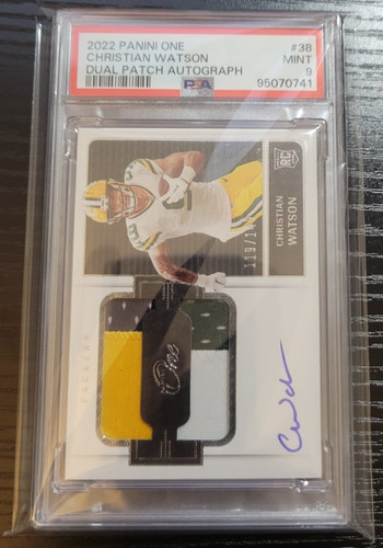 2022 Panini One- Dual Patch Rookie Auto-Christian Watson  #38   SN:  /149  PSA 9