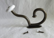 Burnished Metal with White Porcelain Knob Hat  Coat Hook Towel Garment Hook NOS