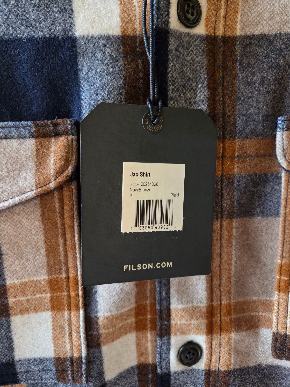 Filson Wool Jac Shirt -Made in USA - Navy / Bronze Jacket Plaid - size  XL - NWT