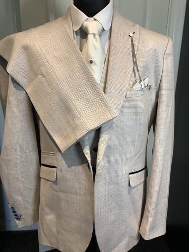 Mens Three Piece Suit Light Beige Check Tweed  by Cavani 46R  Slim 40W 32.5 L - Picture 11 of 24