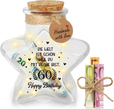 Giftota 60 Geburtstag Frauen Männer, LED Flaschenlicht Sternform mit Korken, 