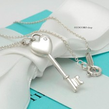Authentic Tiffany & Co. Heart Key 1P Diamond Necklace 16" Silver 925 w/Pouch