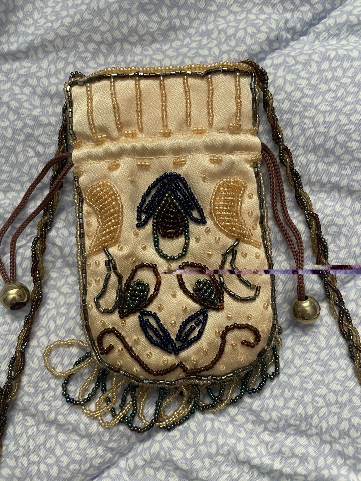 Bolso de Hombro De Colección Gitano con Cuentas Cordón Mini Dorado Satinado Marrón Boho NUEVO Foto 4 de 4