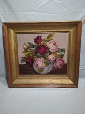 Vintage Needlepoint Roses In Vase Gold Framed Cottagecore 16 X 18