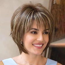 Human Hair Wig New Fashion Short Women's Golden Brown Straight Wigs 12 In
