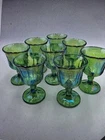 8 Vintage Indiana Carnival Glass Goblets Iridescent Lime Green Harvest Grape