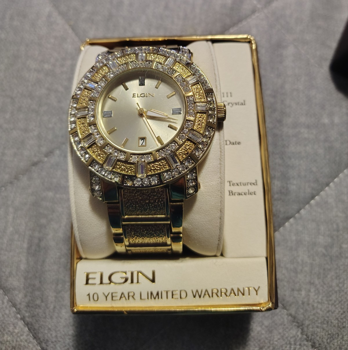 Elgin Women's Gold Tone Quartz Dress Watch, Date, Crystal Bezel, Box