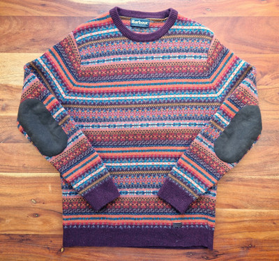 Original BARBOUR Faire Isle Pullover 100% Wolle Patches Hand Knit rot Gr. M