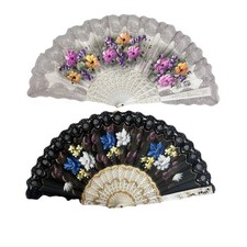 Vintage Set of 2 Hand Painted Spanish Folding Fans Signed Black Gray Lace Floral