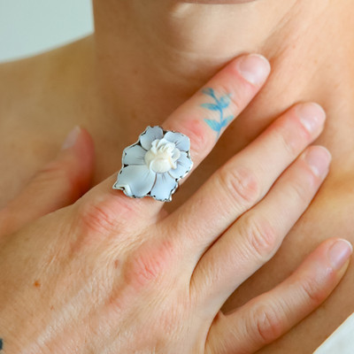 Italian Cameo Flower Ring in 925 Sterling Silver- Adjustable Size