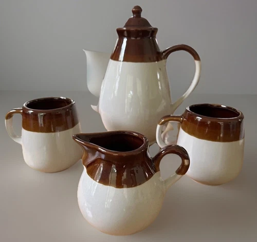 Vintage Mid-Century, Coffee Pot,  4 Mugs, Creamer Brown Beige Pottery Taiwan