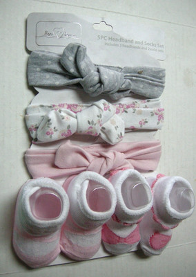 Bon Dormir 5 Piece Headband & Sock Set, Pink & White, 0-9 Months, Brand New