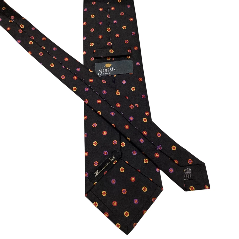GENESIS LUXE мужчин 100% шелк галстук Италии дизайнерский геометрический черный/мульти EUC - Изображение 3 из 3