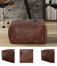 Boho New Pouf Brown Square Footrest Leather Moroccan Ottoman Pouffe