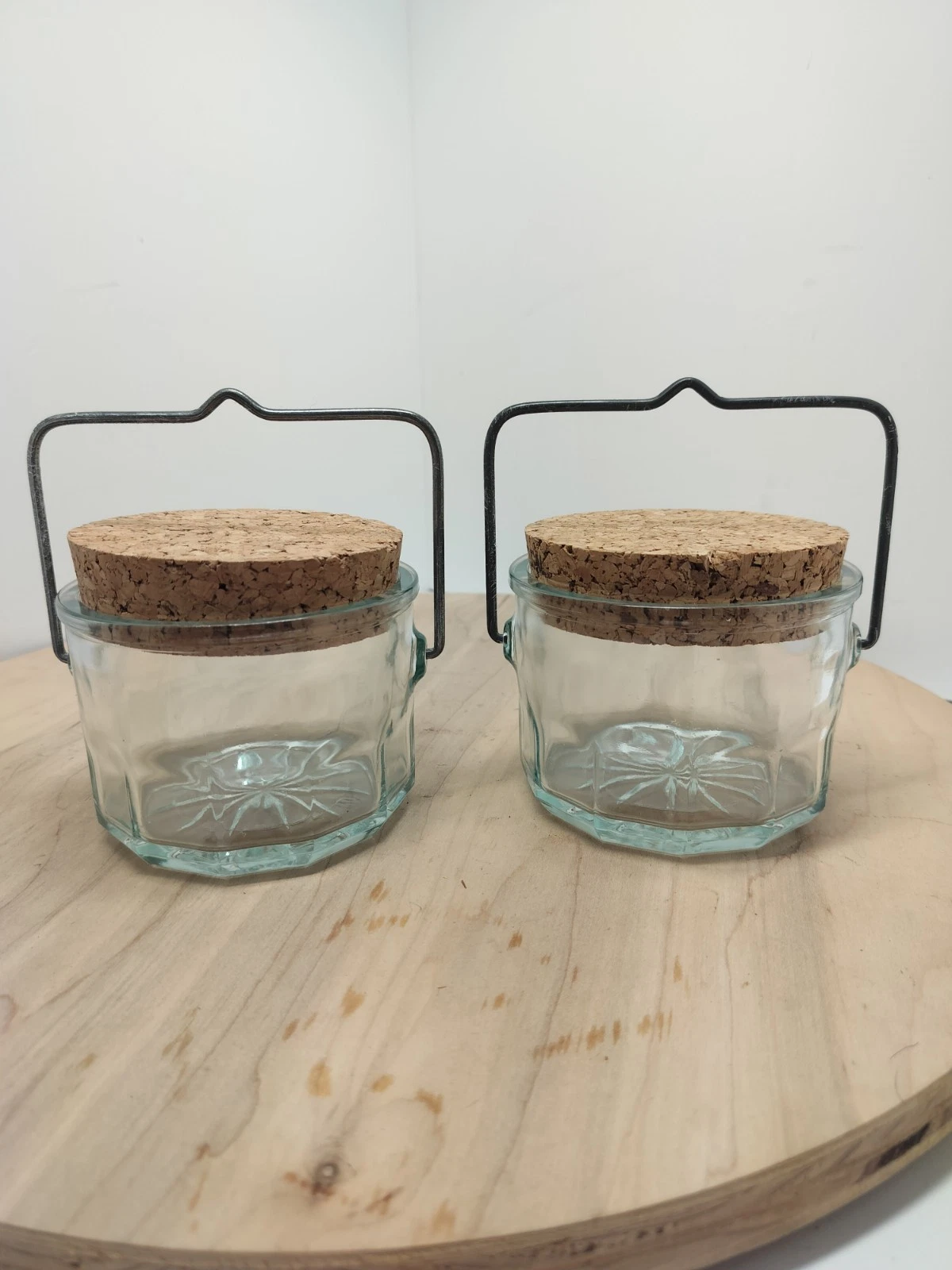2 VTG WHEATON CORKED KITCHEN FOOD STORAGE RECYCLED GLASS CONTAINER WIRE HANDLE