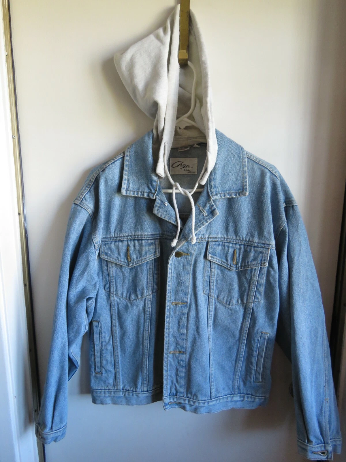 VETEMENTS Giacca camionista Chazzz donna L denim blu cappotto abbigliamento Killebrew Mayze cappuccio lavaggio