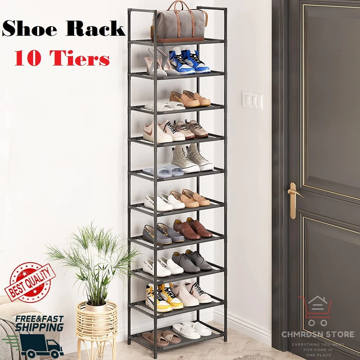 10 Tiers Tall Narrow Shoe Rack Sturdy Metal Shelf Closet Shoe