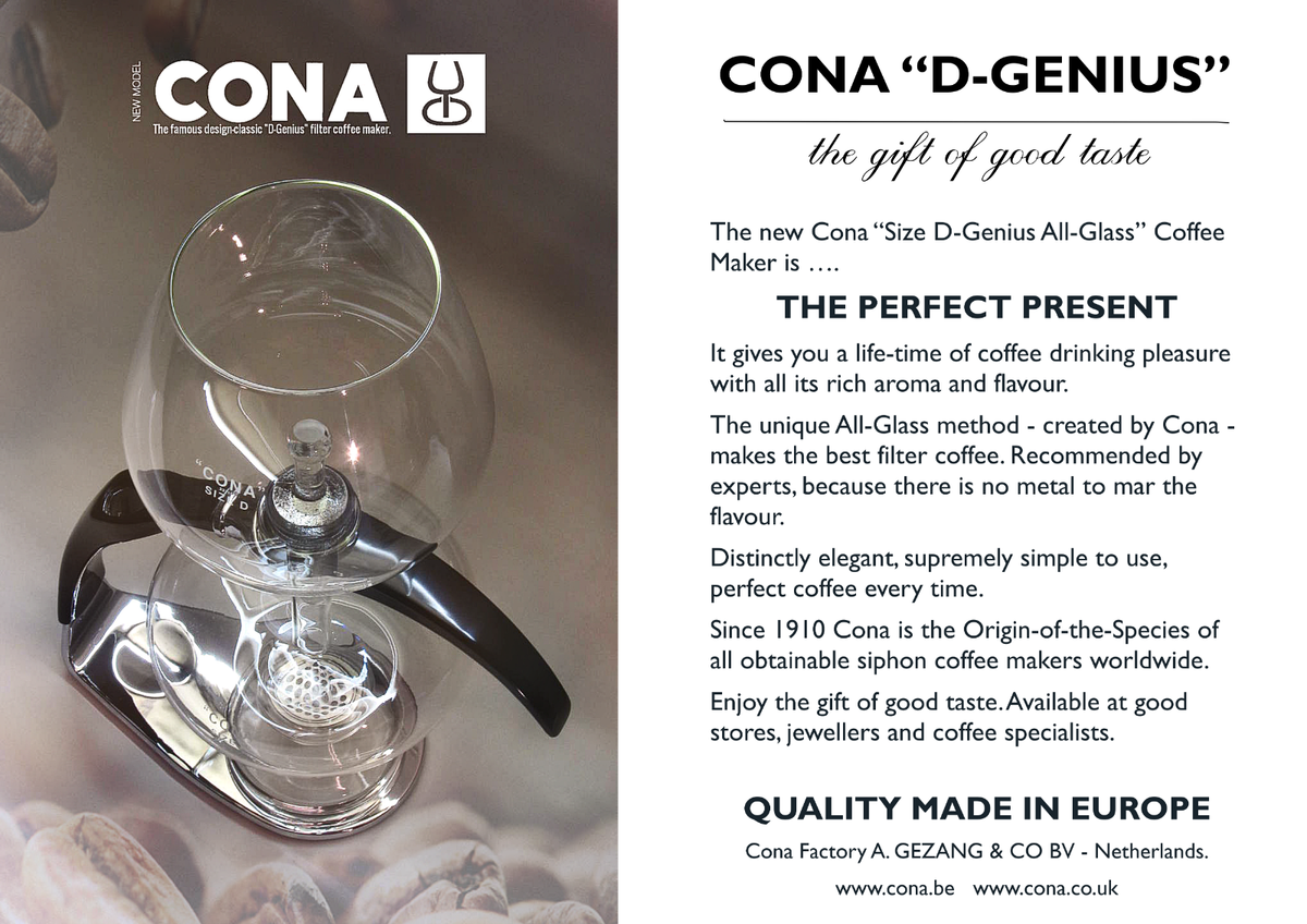 CONA Coffee Maker, New 2026 'Size D-Genius All-Glass' model