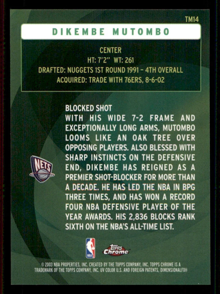 2002-03 Topps Chrome The Move #TM14 Dikembe Mutombo - Image 2 of 2