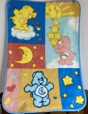 VTG Care Bears Plush Baby Blanket Thick Crib Throw 44x30 Stars Hearts