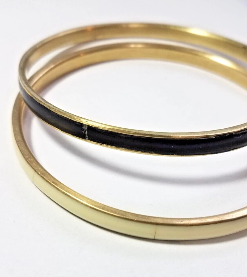Vtg Lot Of 2 1980s Brass Inlay Mop & Onyx ? Bangle Bracelets Costume Fashion Foto 3 de 4