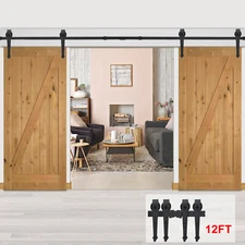 12FT Double Sliding Barn Door Hardware Closet Track Kit Stable Bedroom Set 