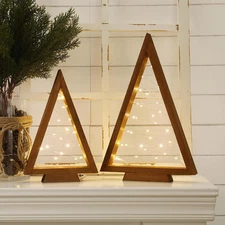 2PCS Light Up Wooden Christmas Trees Handmade Tabletop Farmhouse Holiday Decor