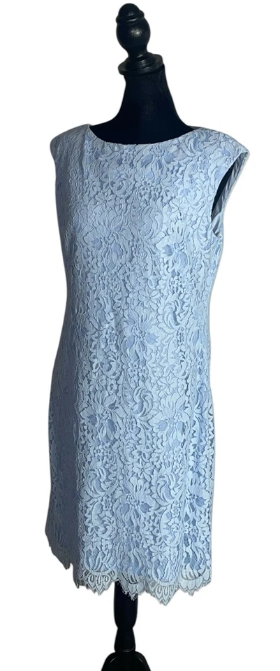 Chaps Womens Blue Lace Sheath Dress Floral Print Lined Size 10 Scalloped Hem - Image 3 of 4