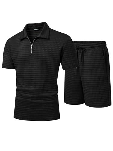 Men's Waffle Knit Outfit Half Zip Polo Shirt and Shorts Textured