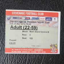 Ticket Stub Stevenage v Preston North End 2013 /2014  League 1