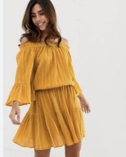 ASOS off shoulder tiered mini sundress in mustard. Size 6.