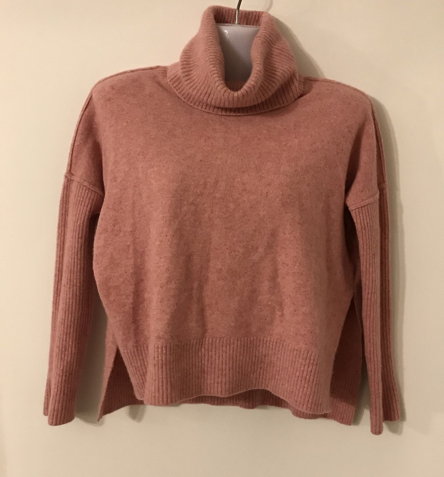 SABA Wool Blend Roll Neck Side Slit Crop Jumper XS Pink Drop Shoulder Rib Sleeve