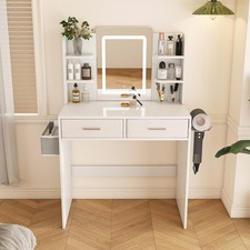 LED Mirror Vanity Dressing Table w/ Lights, 2 Large Drawers & Hair Dryer Stand