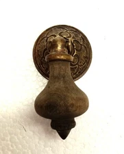 ANTIQUE WOOD AND BRASS TEARDROP DRAWER  PULL 1  1/2 INCH DIAMETER ESCUTCHEON