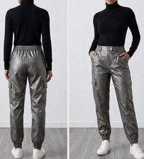 Metallic Faux Leather Cargo Pants Gunmetal Shiny Joggers XS S - No Size Tag