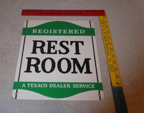 VINTAGE TEXACO RESTROOM REGISTERED MEN & WOMAN 12" PORCELAIN METAL GASOLINE SIGN