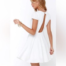 Lulus Blessing In Disguise White Skater Dress Sz Small Open Back Summer BRIDE
