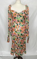 Pretty Little Thing Green Floral Midi Dress Size 10 Puff Sleeve Tie Cuff BNWT