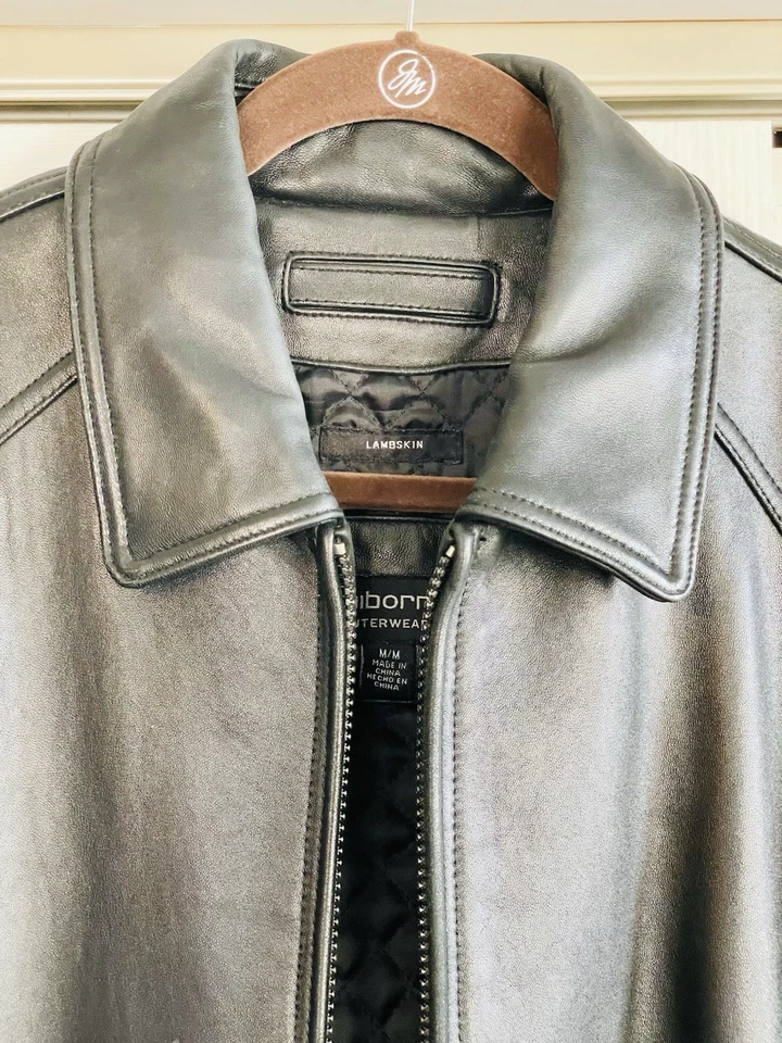 Chaqueta de cuero de piel de cordero negra Claiborne Outerwear para hombre talla mediana Foto 3 de 4