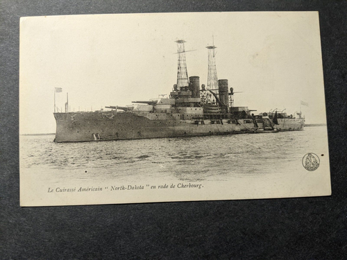 Battleship USS NORTH DAKOTA BB-29 Naval Postcard 1919 CHERBOURG, FRANCE - Picture 2 of 2