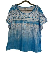 Rebecca Malone Woman 1X Top Blue White Beaded Artsy Festival Cottagecore Casual