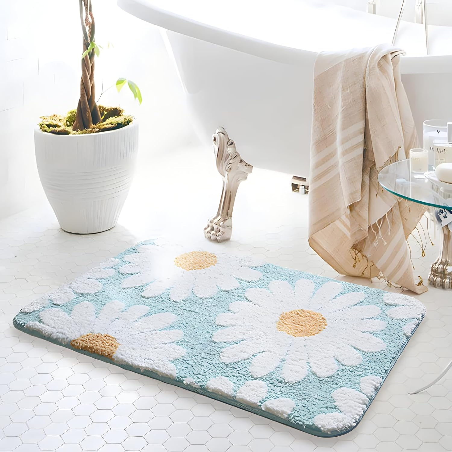 Soft Fluffy Daisy Bathroom Rug Absorbent Anti-Slip Cartoon Bath Mat for Kids