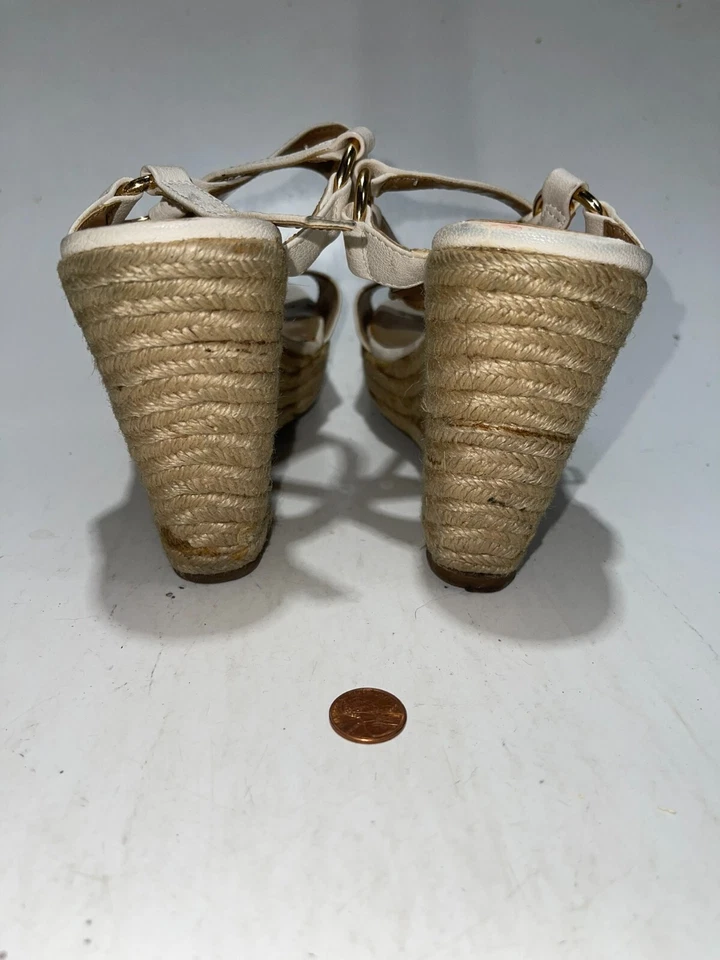 Sandalias Merona Plataforma Tacones Cuña Talla 11 Blanco Punta Abierta Eslinga Trasera Lona Foto 4 de 4
