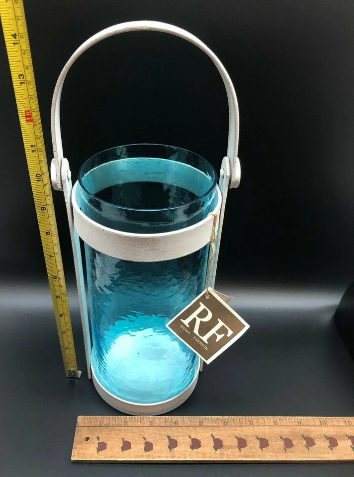 Candelabro linterna náutica huracán vidrio azul agua metal blanco RF India Foto 3 de 4